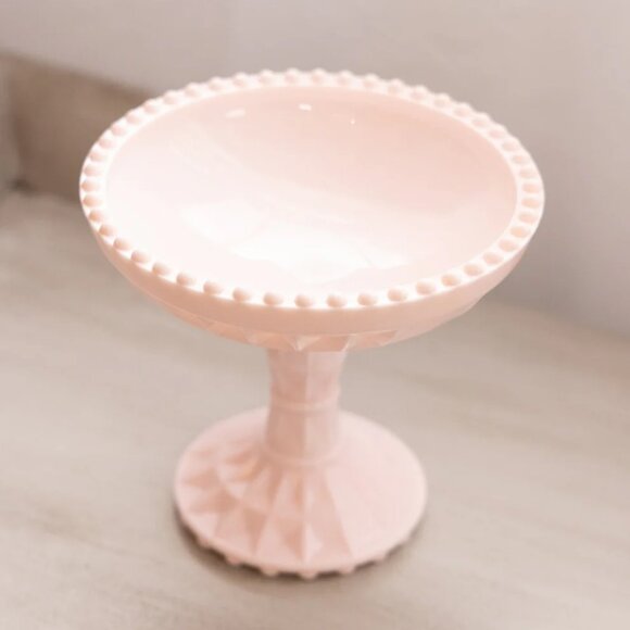 Vintage Jeannette Shell Pink Milk Glass Compote with Beaded Edge - Picture 3 of 4